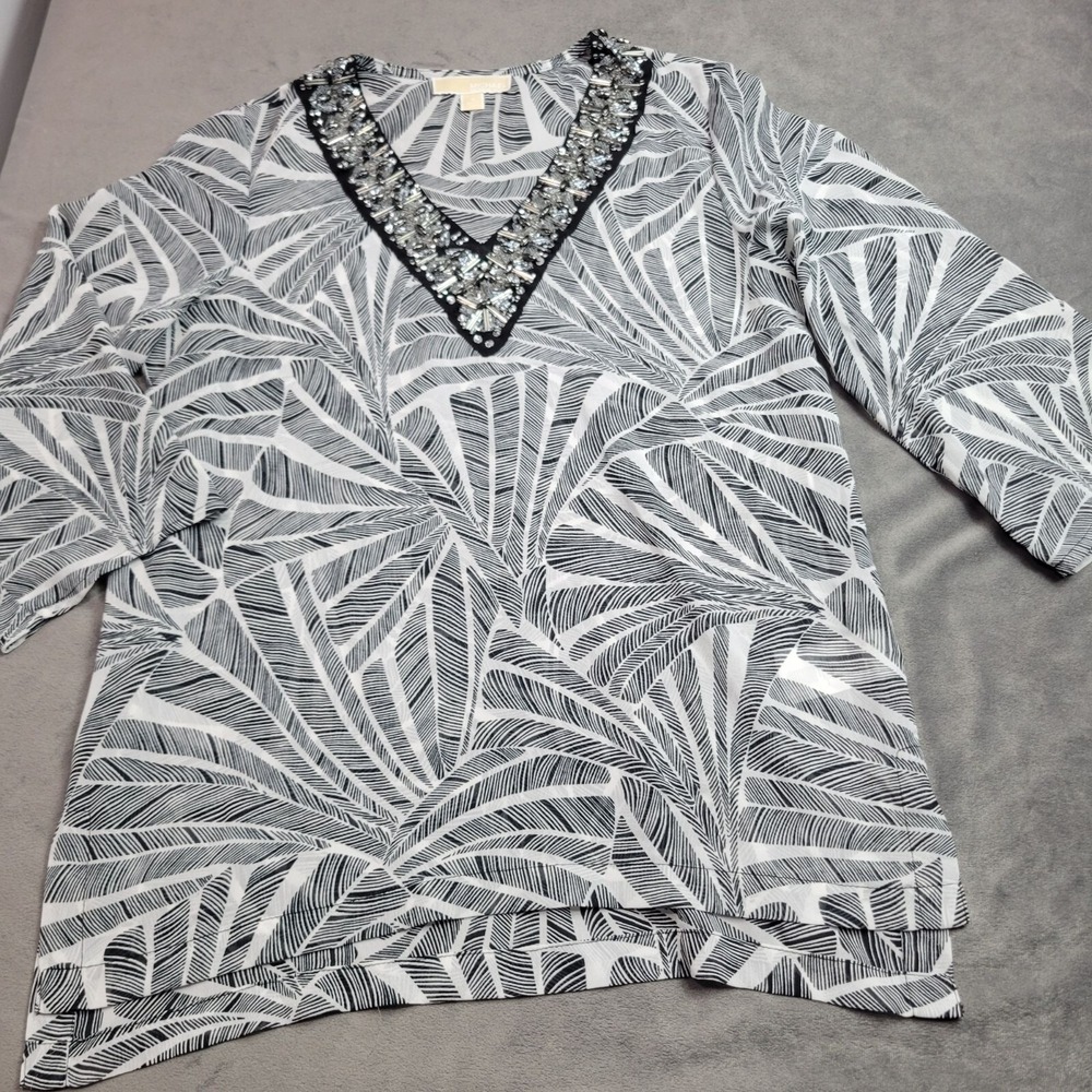 Michael Kors Beaded V-Neck Tunic Top Black White Womens Small